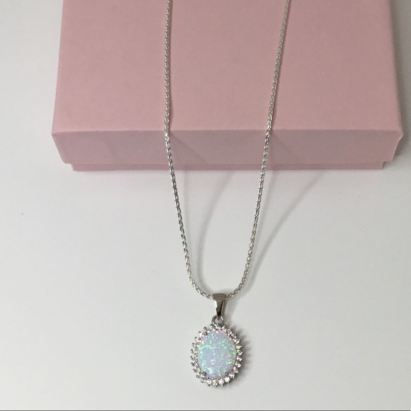 Sterling Silver White Lab Opal & Cz's Necklace - Picture 6 of 15